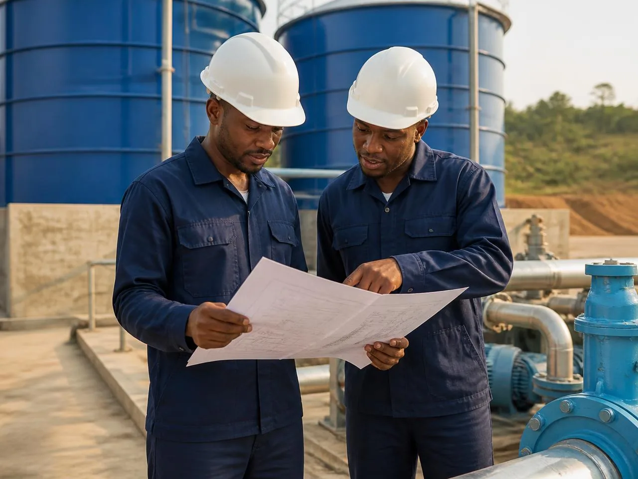 Water engineers reviewing project drawings beside storage tanks and pipework