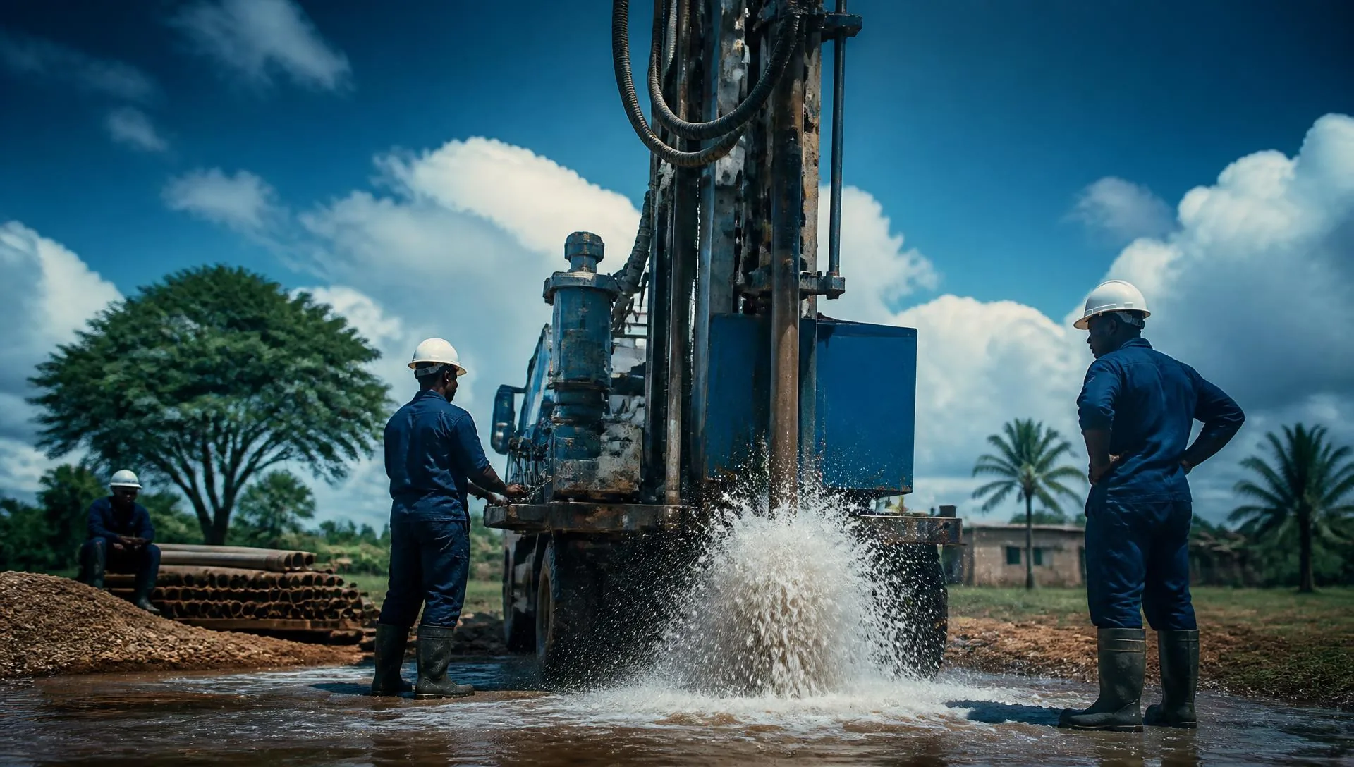 Borehole drilling rig discharging water at a completed borehole site